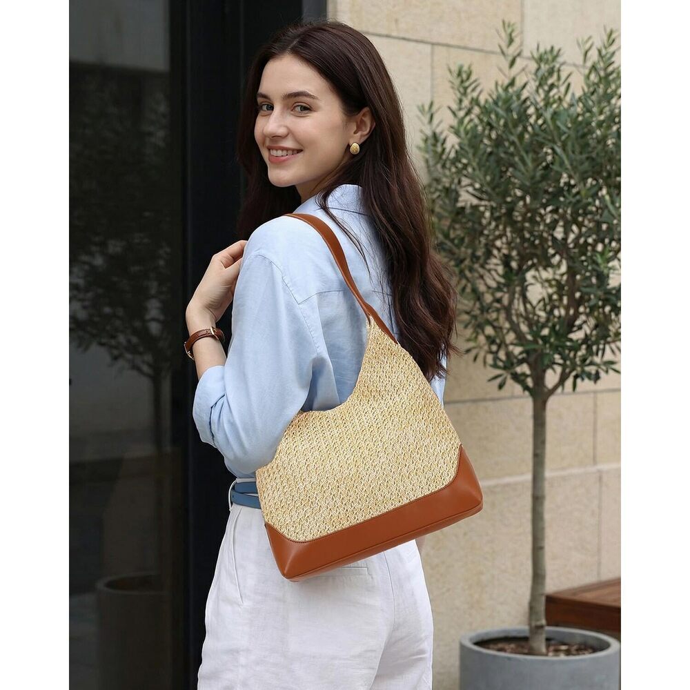 Woven Straw Hobo Tote Bag for Women Brown - Picture 2 of 8